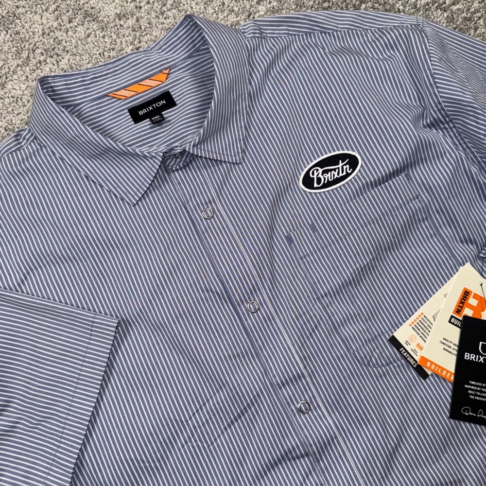 Brixton Builders Mechanics Shirt Mens Striped Snap Button Blue White XXL NEW